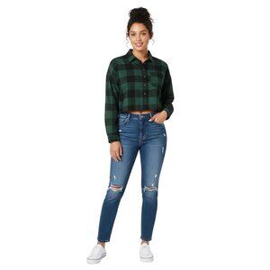 Streetwear Society Green/Black Plaid Button-Up Long Sleeve Cropped Shirt Size XL